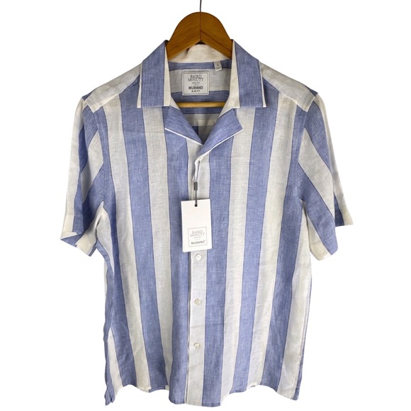 Murano Baird McNutt Linen Blue Striped Camp Shirt Short Sleeve - Small - Picture 1 of 10